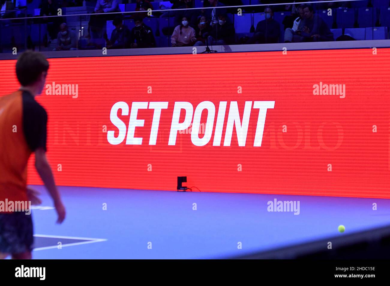 Video review on digital scoreboard during the Next Gen ATP Finals, in Milan. Stock Photo