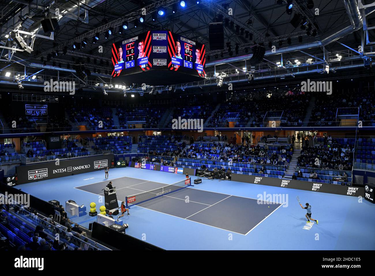 Tennis match of the Next Gen ATP Finals at the indoor tennis court of the Allianz Cloud, in Milan 2021. Stock Photo