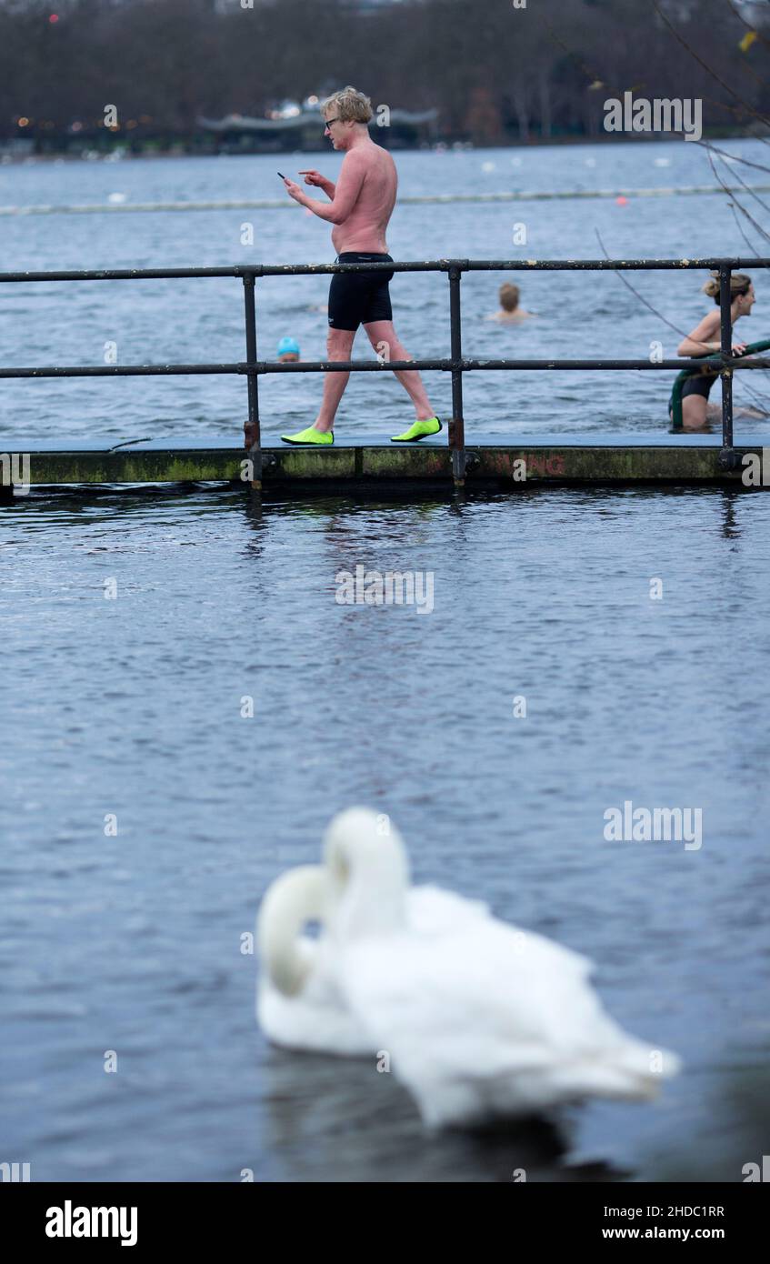 A swan is seen as swimmers taste a morning dip in the Serpentine, Hyde Park, on Christmas Day in London. Stock Photo