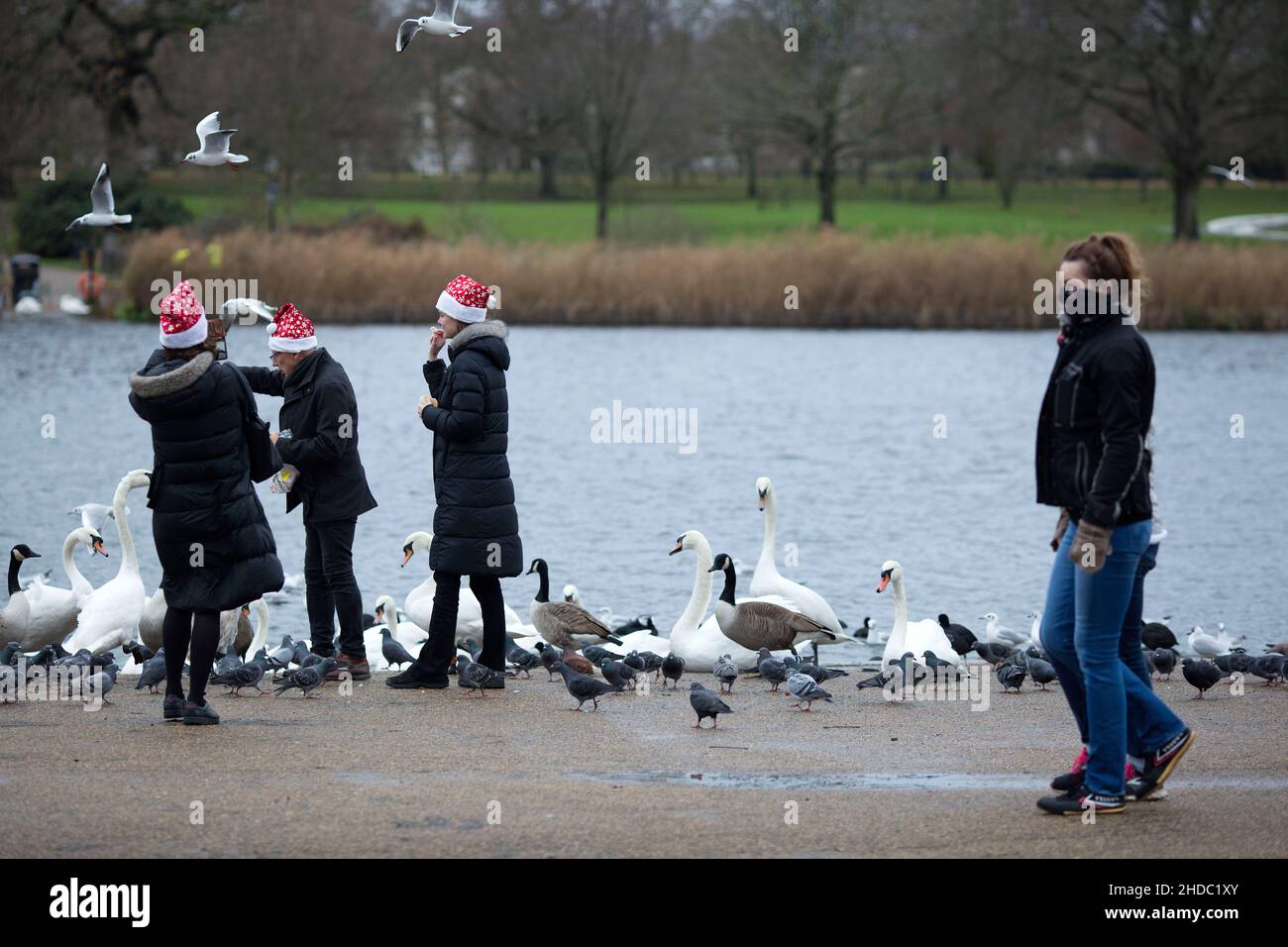 People wearing Santa Claus hats feed birds as pedestrians wearing face coverings walk past them in Hyde Park on Christmas Day in London. Stock Photo