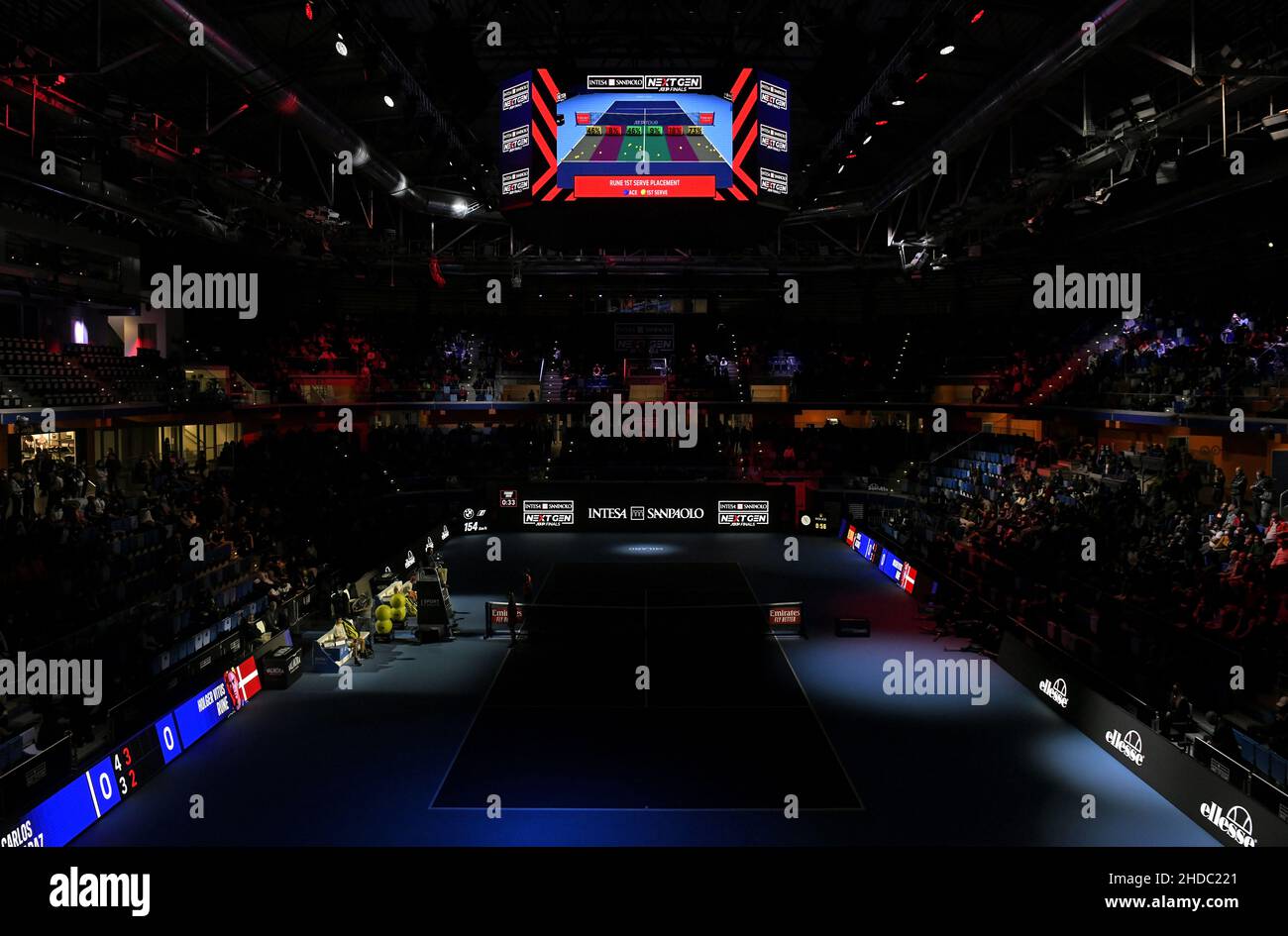 Video review on digital scoreboard during the Next Gen ATP Finals, in Milan. Stock Photo