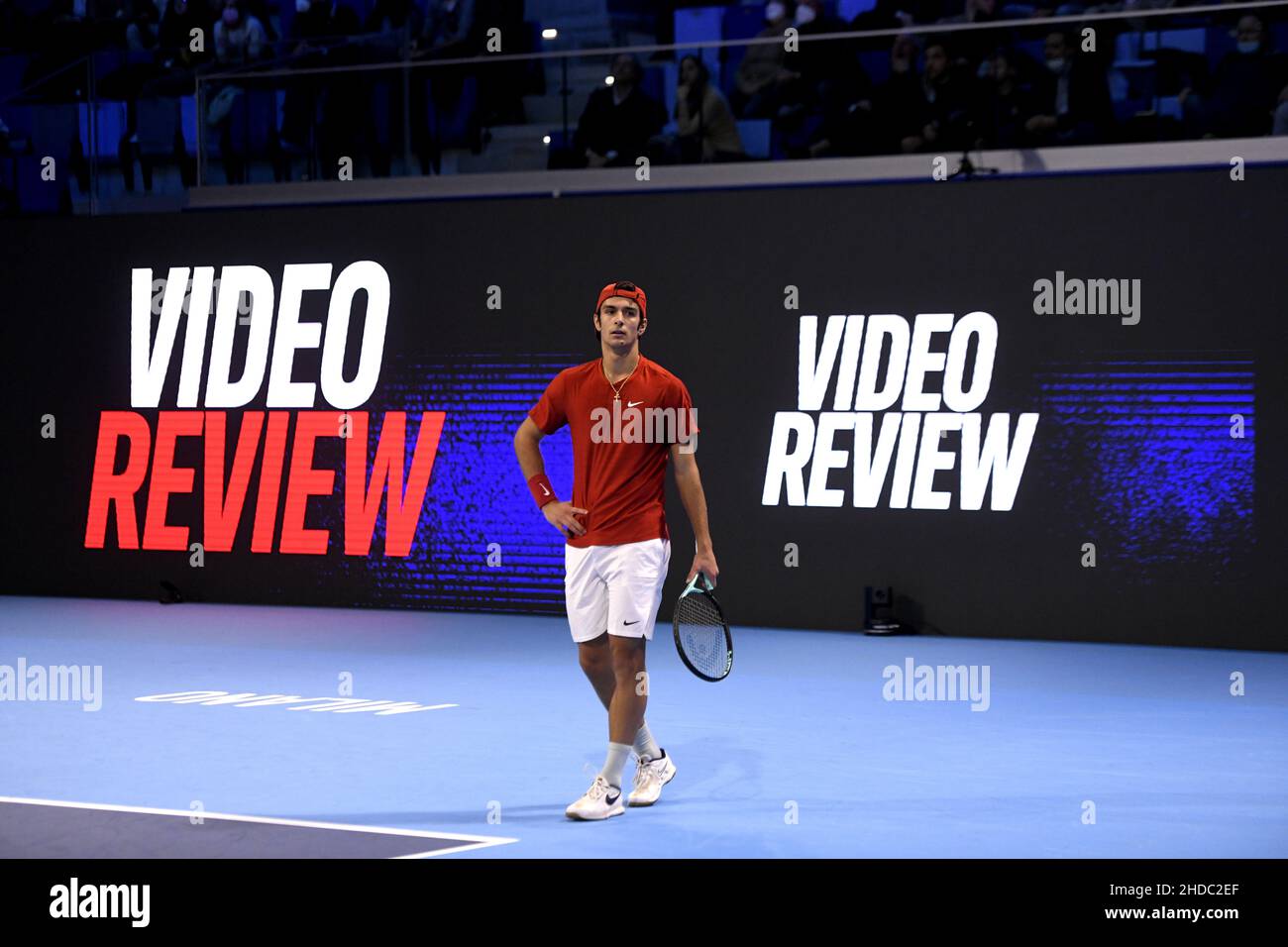 Video review on digital scoreboard during the Next Gen ATP Finals, in Milan. Stock Photo