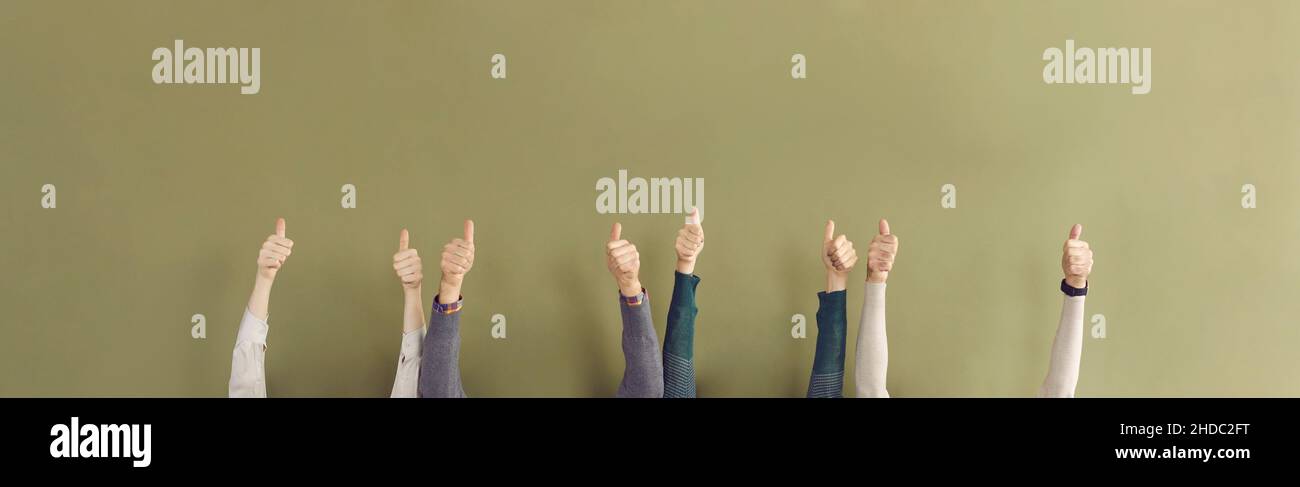 Banner background with people raising their hands and showing thumbs up ...