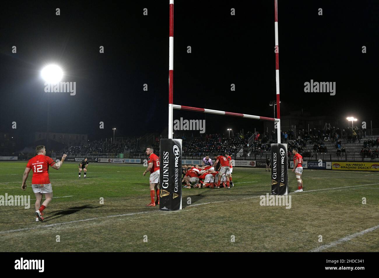 Rugby goalpost during a night Guinness Pro rugby match Zebre vs Munster Stock Photo