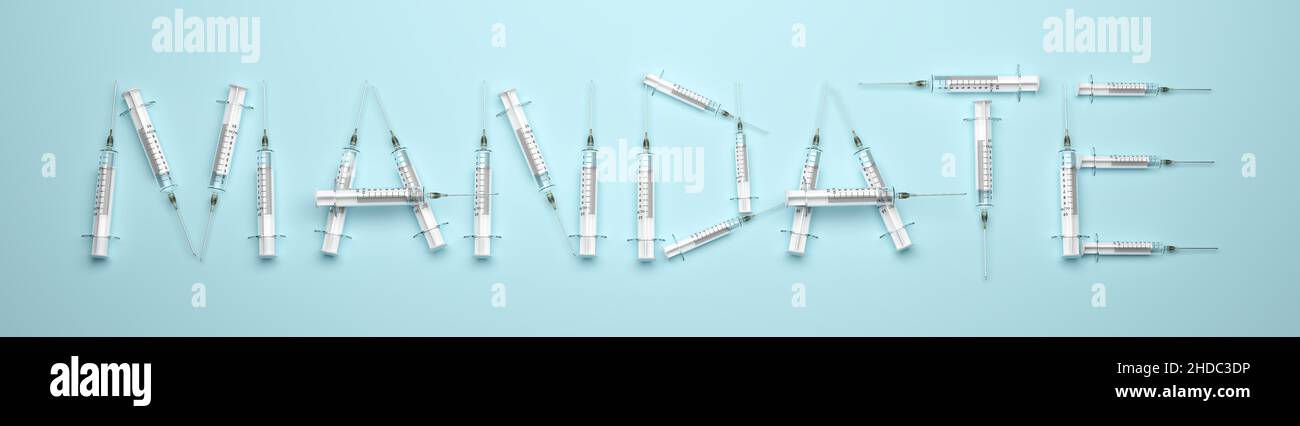 The word 'mandate' built by syringes. Vaccine mandate concept. Stock Photo