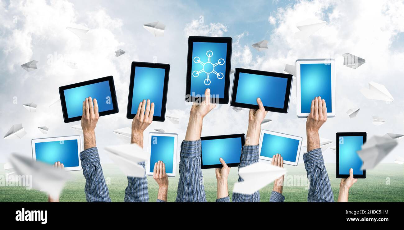 Close of businessman hands in line showing tablet pc with blank blue ...