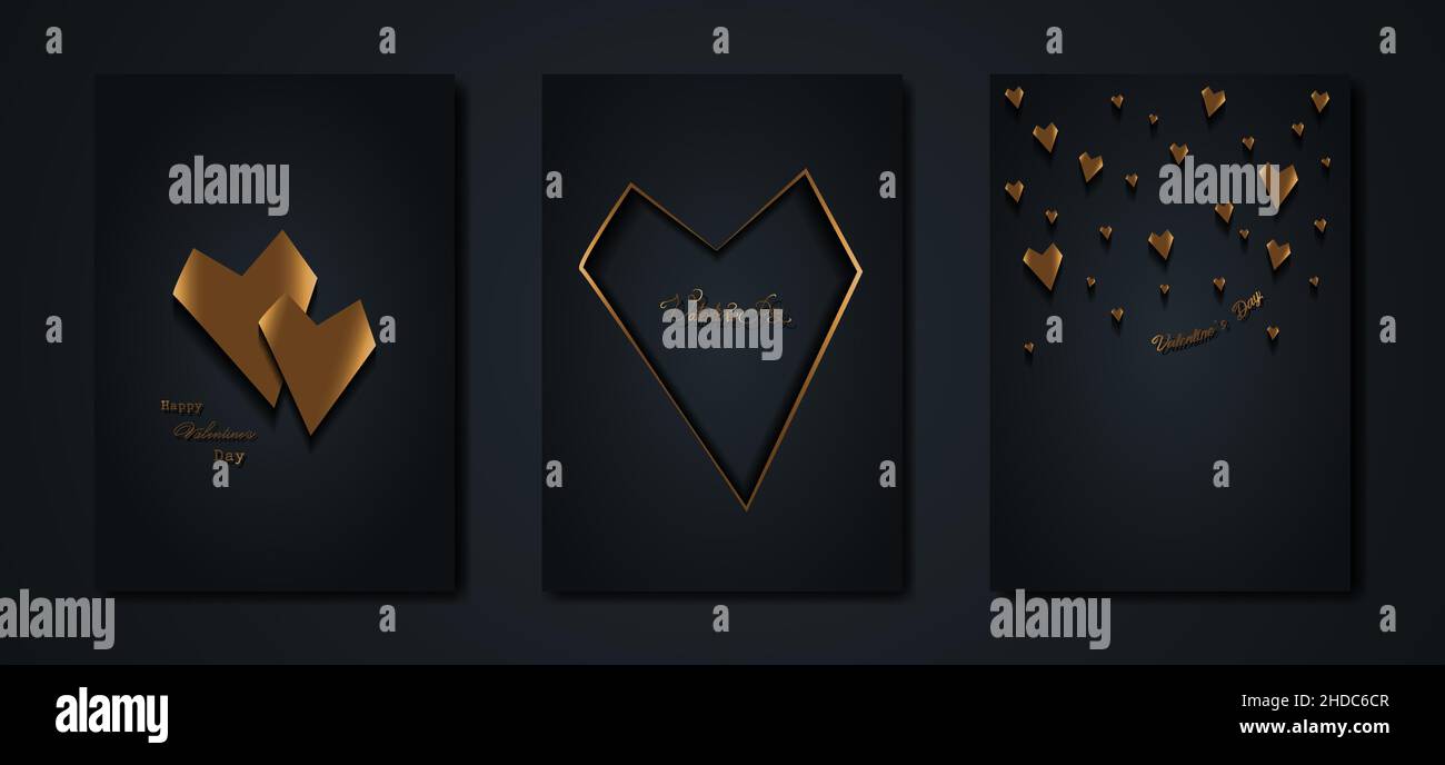 Happy Valentines day vector set greeting card. Gold heart on black ...