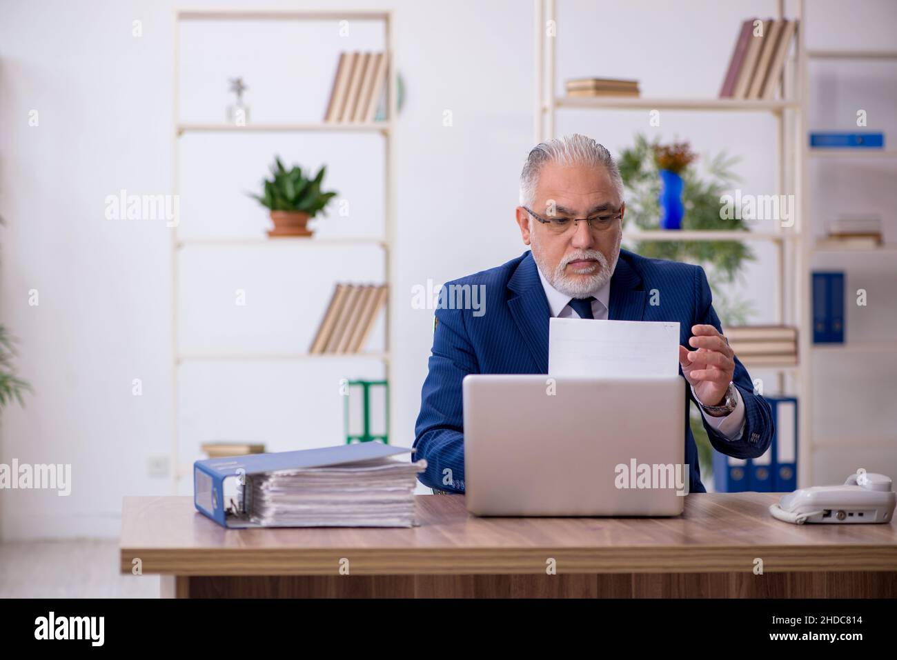 Old businessman employee working at workplace Stock Photo - Alamy
