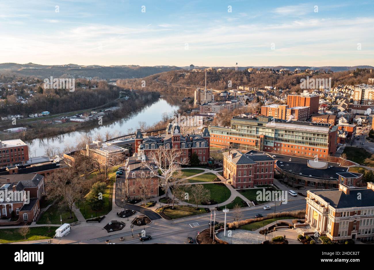 Aerial drone panoramic shot of the downtown campus of WVU in Morgantown West Virginia showing the river in the distance Stock Photo