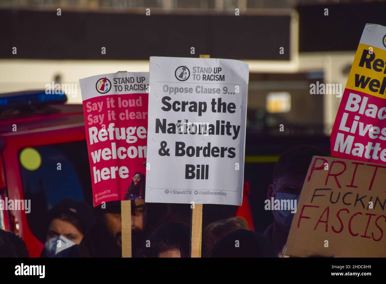 London, UK 5th January 2022. Demonstrators gathered outside the parliament in protest against the Nationality and Borders Bill, which could potentially strip up to 6 million British people of their citizenship. Credit: Vuk Valcic / Alamy Live News Stock Photo