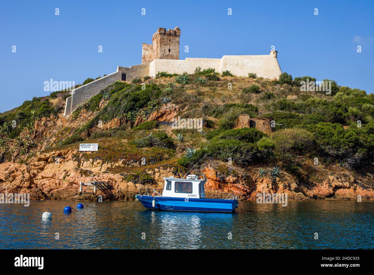 Genoese tower near the village of Girolata with staircase houses in the nature reserve of Scandola, Corsica, Girolata, Corsica, France, Europe Stock Photo