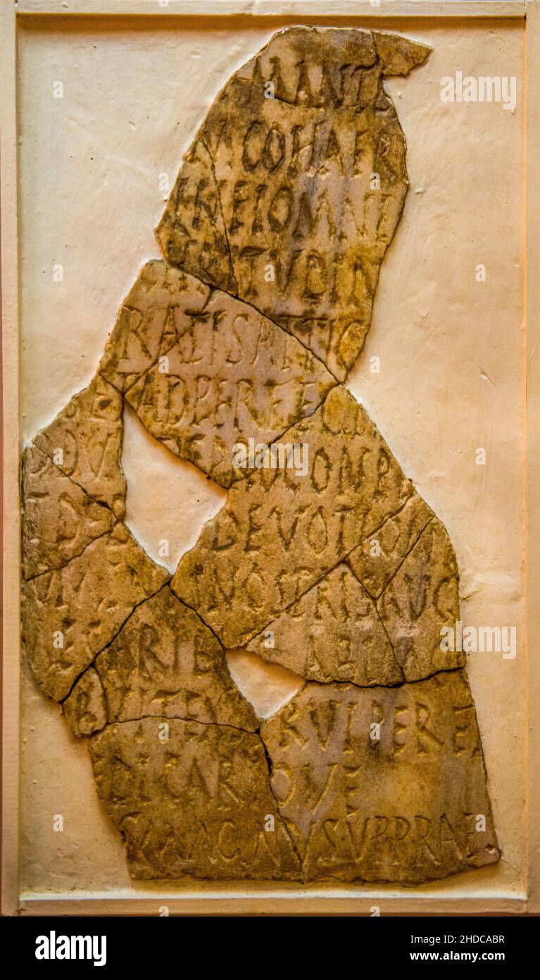 Inscription, Museum, Genoese Fort de Matra, Roman city of Aleria, Corsica, Aleria, Corsica, France, Europe Stock Photo