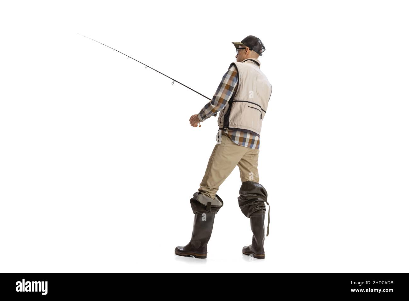 Portrait of young man professional fisherman with fishing rod