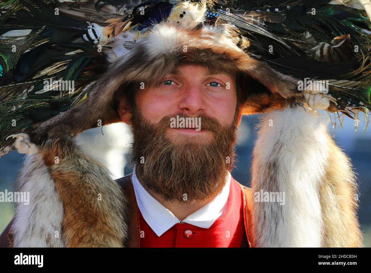 Südtirol, Meran, Kurstadt, Weinfest, Trachtenfest, Trachtenumzug, Mann mit Bart und Pelz oder Männer in Tracht, Meran, Südtirol, Dolomiten, Italien Stock Photo