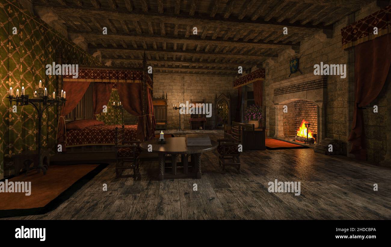 Medieval bedroom with four poster bed at night lit by candle light and an open fireplace. 3D ...