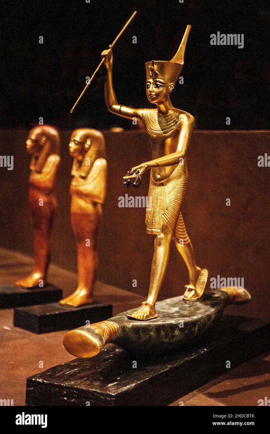 Figure of the king on a papyrus boat during his journey through the underworld, Tutankhamun's burial treasures, archaeological world sensation, replic Stock Photo