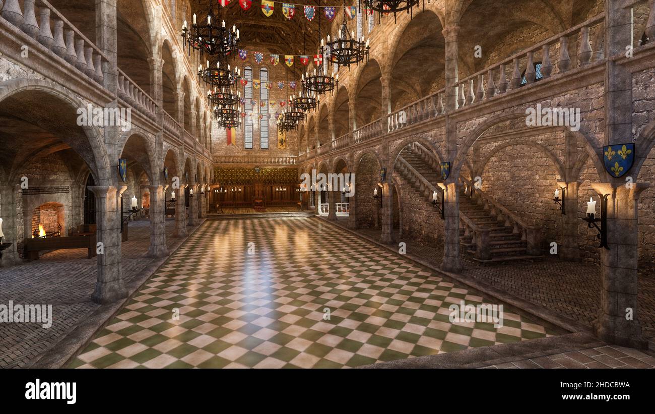 Medieval great hall in a palace or castle. 3D illustration Stock Photo