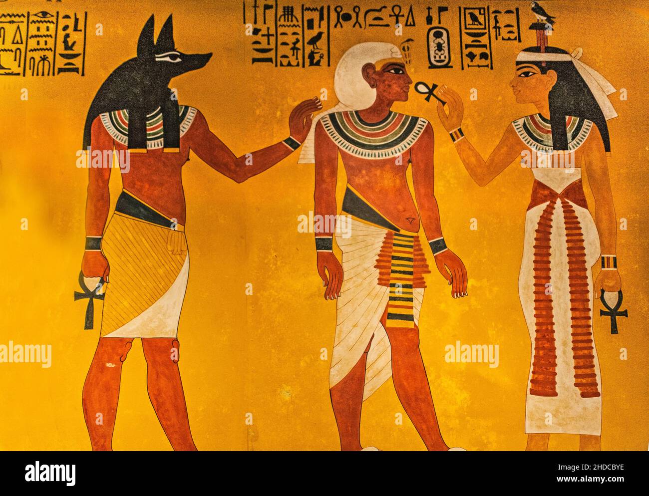 Tutankhamun is greeted by Anubis and Hathor, Hathor breathes new life into him, Tutankhamun's burial treasures, archaeological world sensation, replic Stock Photo