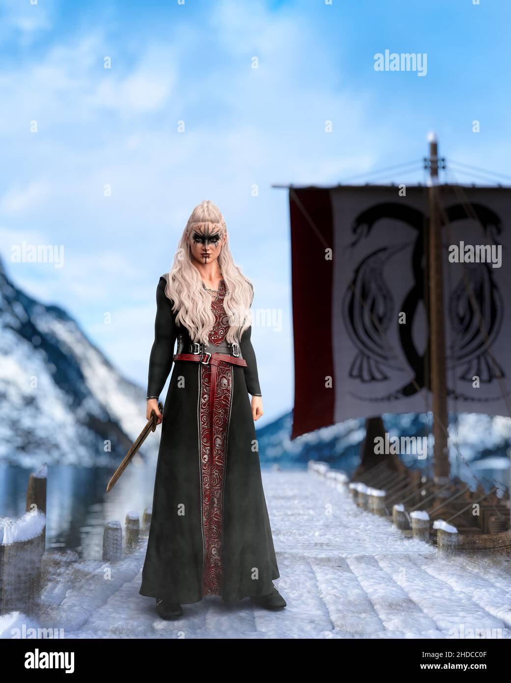 Portrait of a young blonde haired viking warrior woman standing on a ...