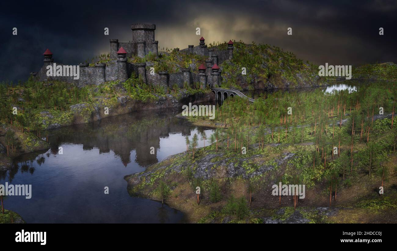 Wide landscape scene with a medieval castle on a hill by a river. 3D ...