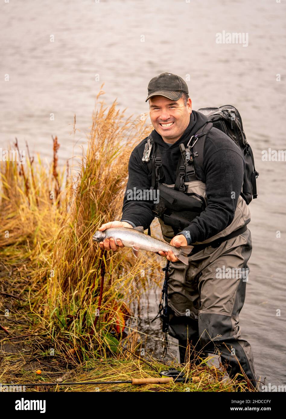 Alutiiq Man FlyFishing in Kodiak Alaska in Fall Stock Photo Alamy