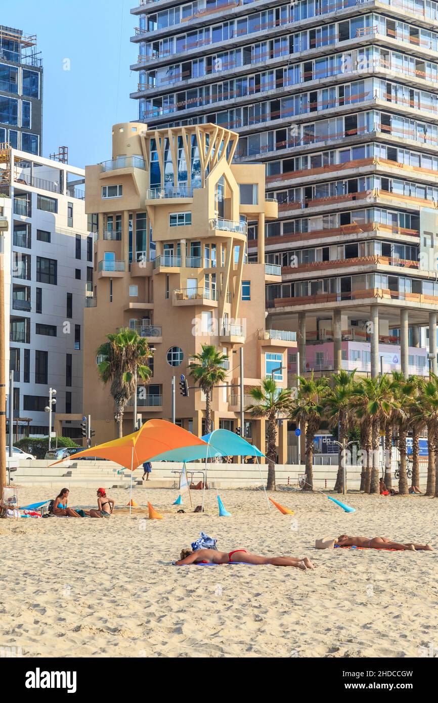 TEL AVIV, ISRAEL - SEPTEMBER 19, 2018: This is a house with an unusual modern architecture on the seafront of the city. Stock Photo