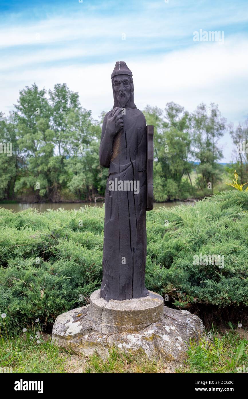 Bodrogkeresztur, Hungary - May 10, 2020: Seven leader memorial park in Bodrogkeresztur, Hungary. Two meter high wooden sculptures of Hungarian heroes Stock Photo