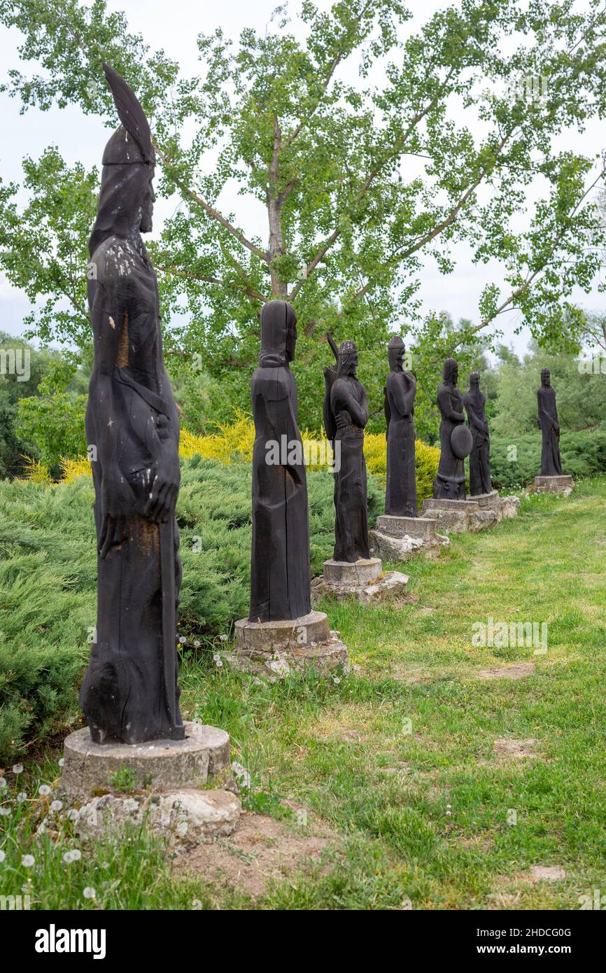 Bodrogkeresztur, Hungary - May 10, 2020: Seven leader memorial park in Bodrogkeresztur, Hungary. Two meter high wooden sculpture of Hungarian hero Stock Photo