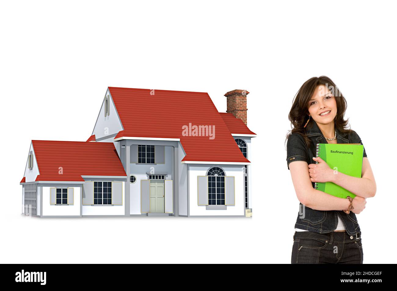 Junge Frau vor Einfamilienhaus, Mappe, Baufinanzierung, MR: YES Stock Photo