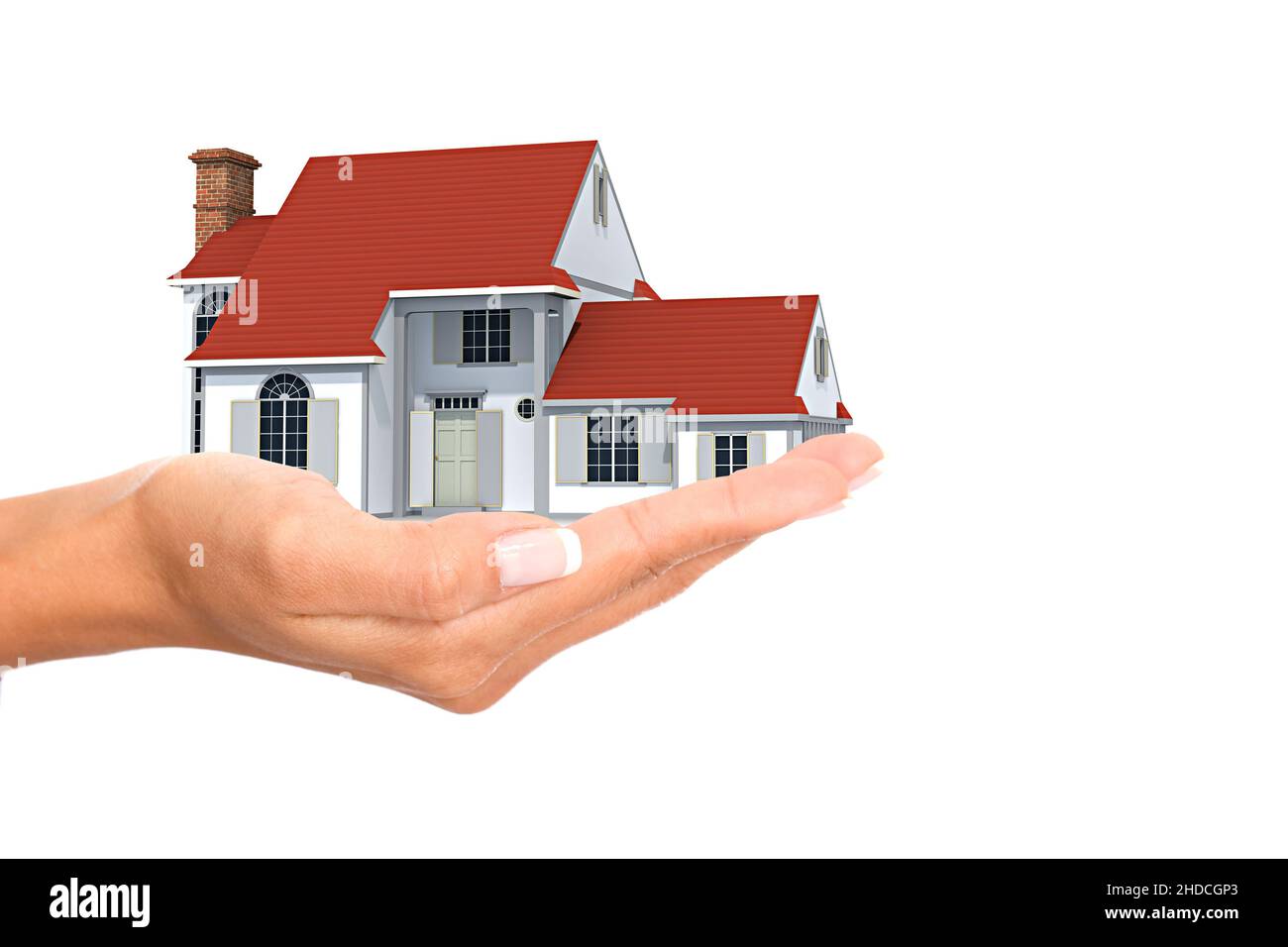 Hand mit Einfamilienhaus, Freisteller, weisser Hintergrund, Stock Photo