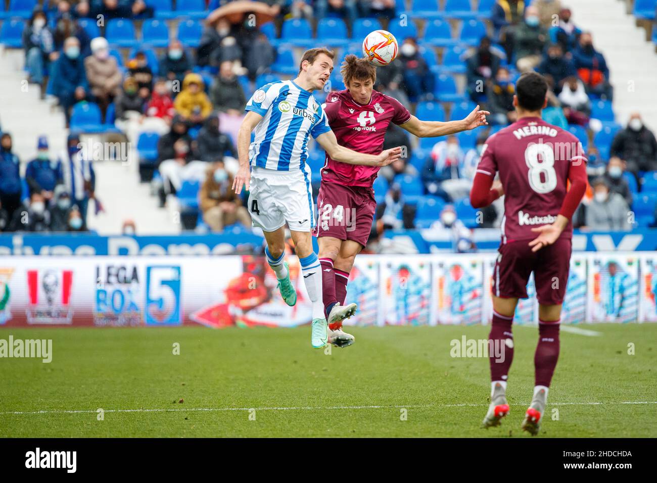 Kenneth Omeruo of CD Leganes in action with Robin Le Normand during the La Copa del Rey third round match between CD Leganes and  Real Sociedad at Butarque Stadium in Madrid, Spain. Stock Photo