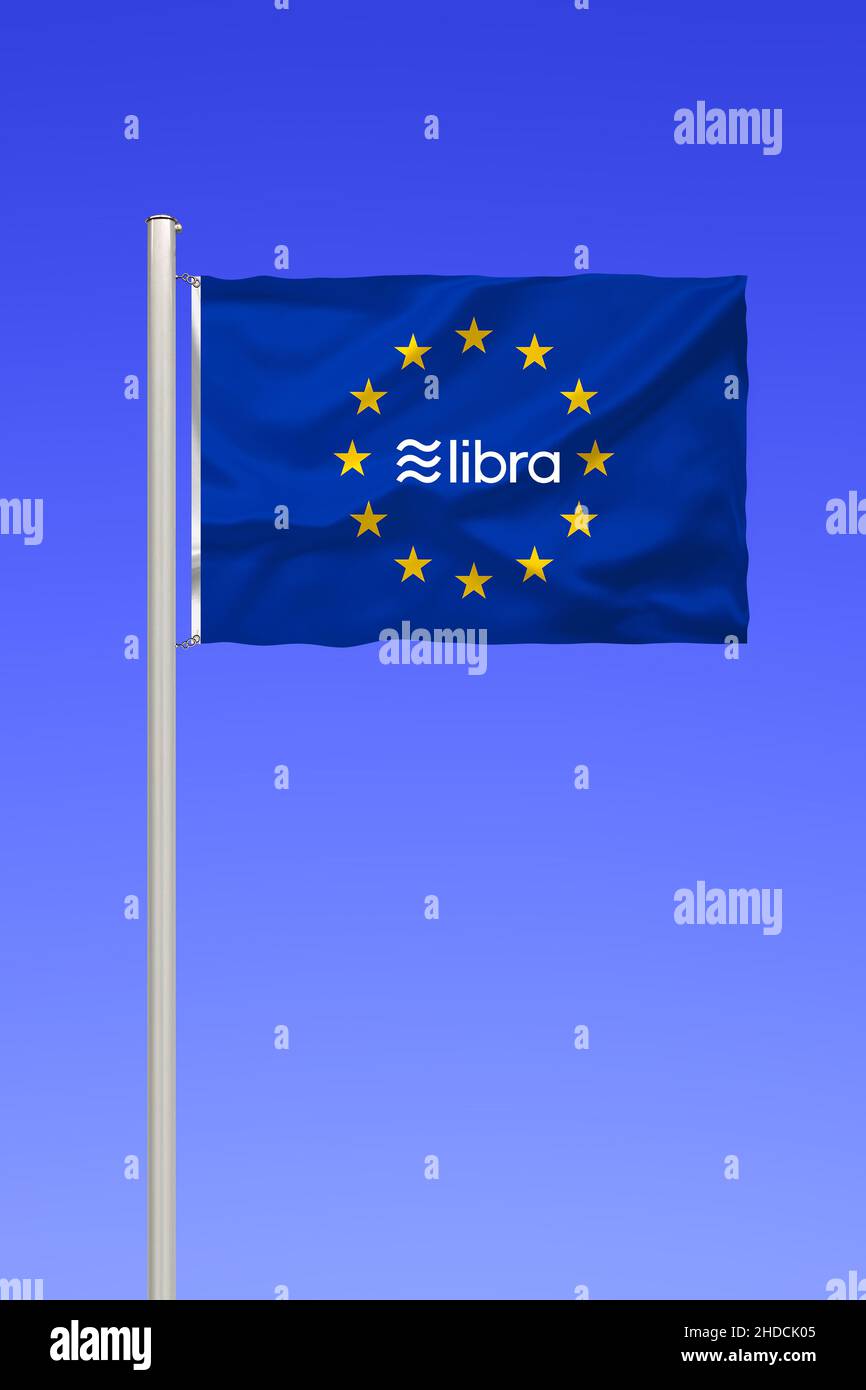 Flagge von Europa, Aufschrift: Libra, geplante Kryptowährung von Facebook, digitale Währung, digitales Zahlungsmittel, Stock Photo