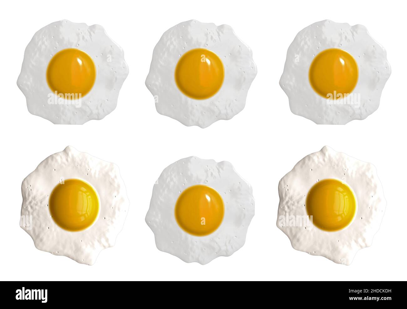 Sechs gebratene Spiegeleier, Ei, Spiegelei,  weisser Tisch, Freisteller, sechs Eier, Eigelb, Eiweiss, Eierspeise, Frührstück, Stock Photo