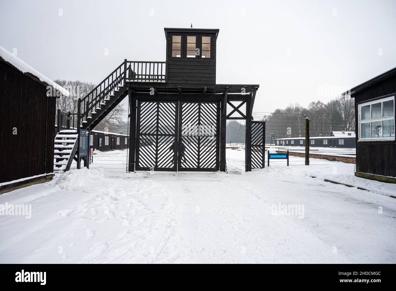 December 30, 2021 - Stutthof, Poland: Guard post tower at the Nazi Concentration Camp Stutthof. It's estimated that between 62.000 - 65.000 died between 1939 and 1945 in this camp Stock Photo