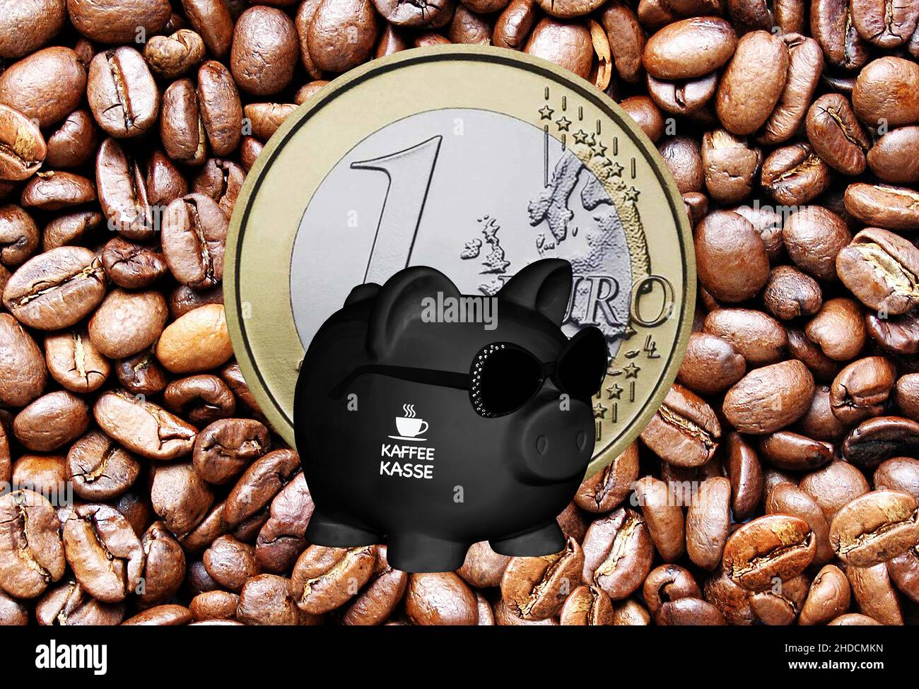 Schwarzes Sparschwein, Sparen, Vorsorge, Aufdruck: Kaffeekasse, Euro, Münzen, Stock Photo