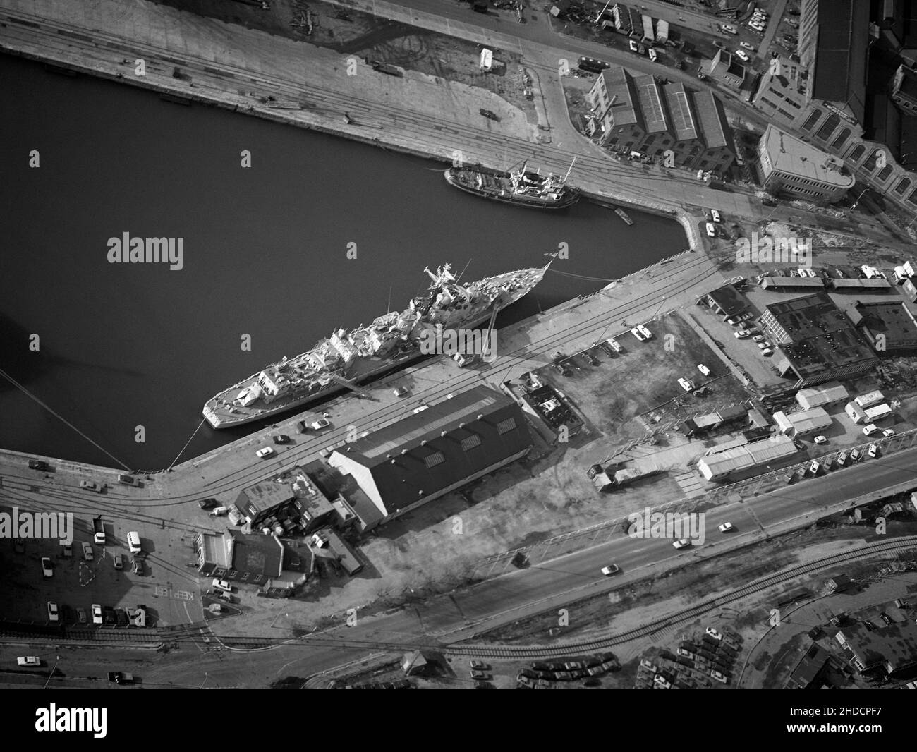 An aerial view of Southampton Docks showing HMS Cavalier at her moorings as a museum, Southampton, Hampshire, England, UK Stock Photo