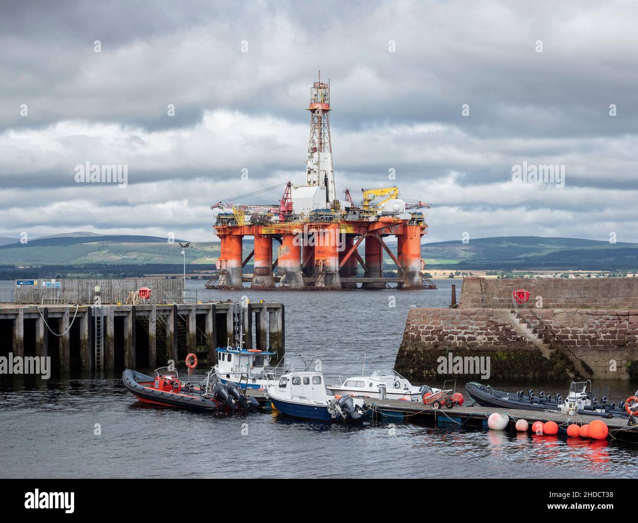 Transocean Leader semi-submersible drilling platform moored by Cromarty Harbour in the Cromarty Firth, Highland, Scotland Stock Photo