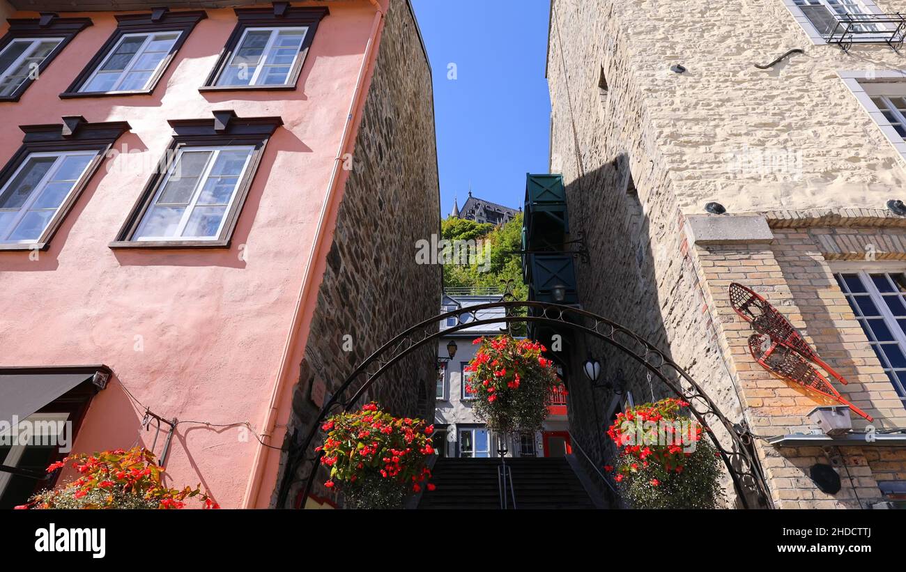 Low angle view of Old Quebec City tourist attractions of Quartier Petit