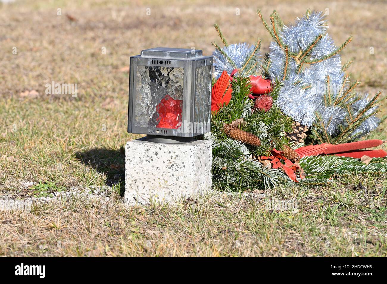 Vienna, Austria. The Vienna Central Cemetery. The military cemetery. Grave lantern with Christmas decorations Stock Photo