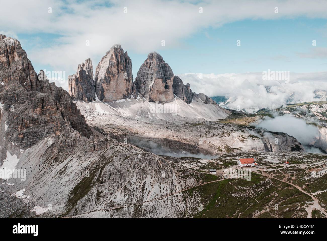 Breathtaking Tre Cime di Lavaredo and Dreizinnen hut, Dolomites, Italy Stock Photo