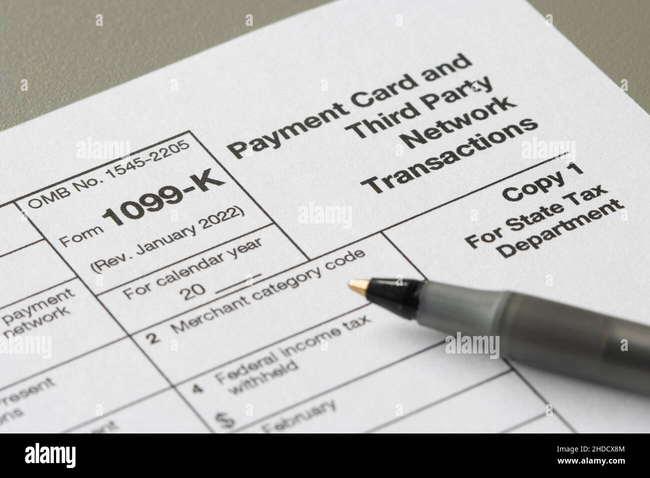 Closeup of Form 1099-K, Payment Card and Third Party Network Transactions, an IRS information return used to report certain payment transactions. Stock Photo
