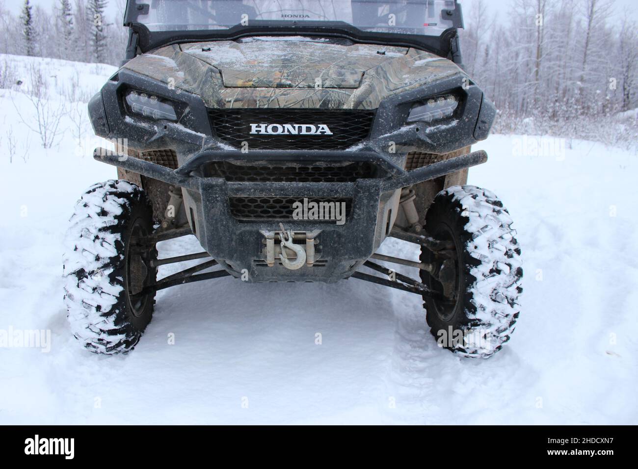 Exploring outdoors during the wintertime with a side-by-side honda pioneer. Stock Photo
