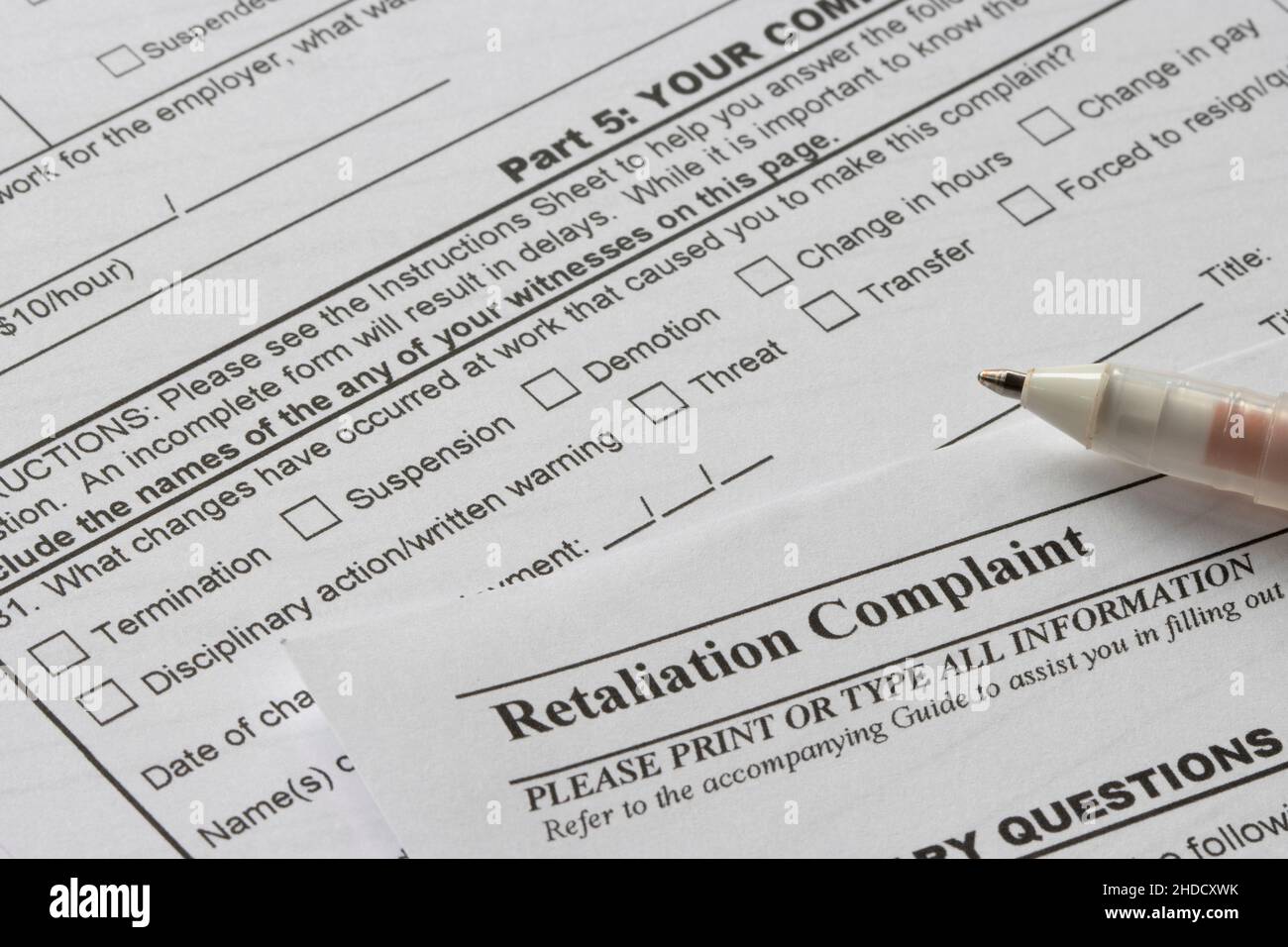 Closeup of a workplace retaliation complaint form. Stock Photo