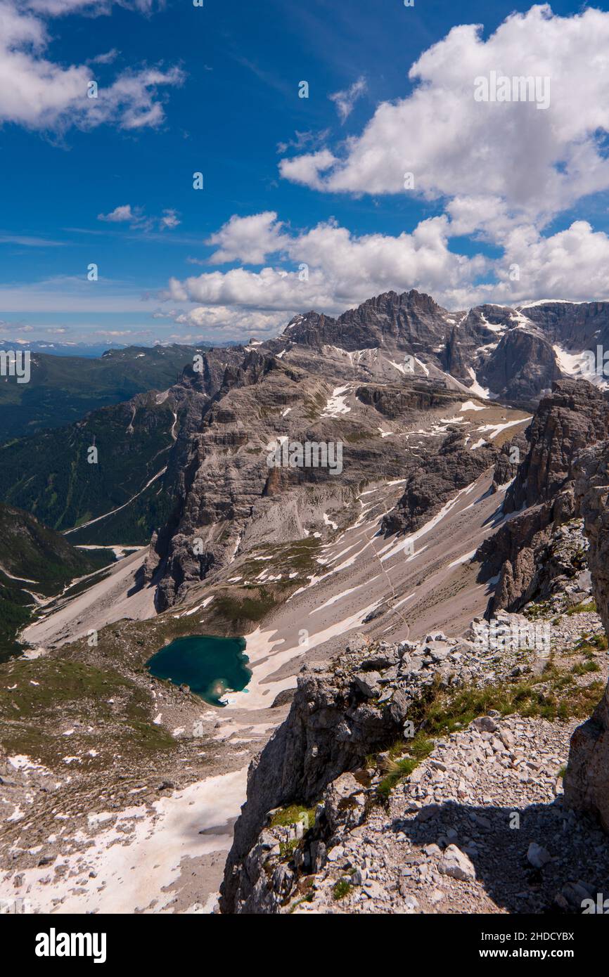 Tre Cime di Laveredo, three spectacular mountain peaks in Tre Cime di Lavaredo National Park, Sesto Dolomites, South Tyrol, Italy Stock Photo