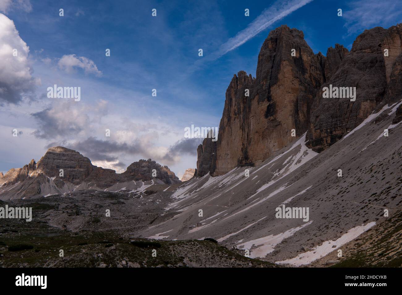 Tre Cime di Laveredo, three spectacular mountain peaks in Tre Cime di Lavaredo National Park, Sesto Dolomites, South Tyrol, Italy Stock Photo