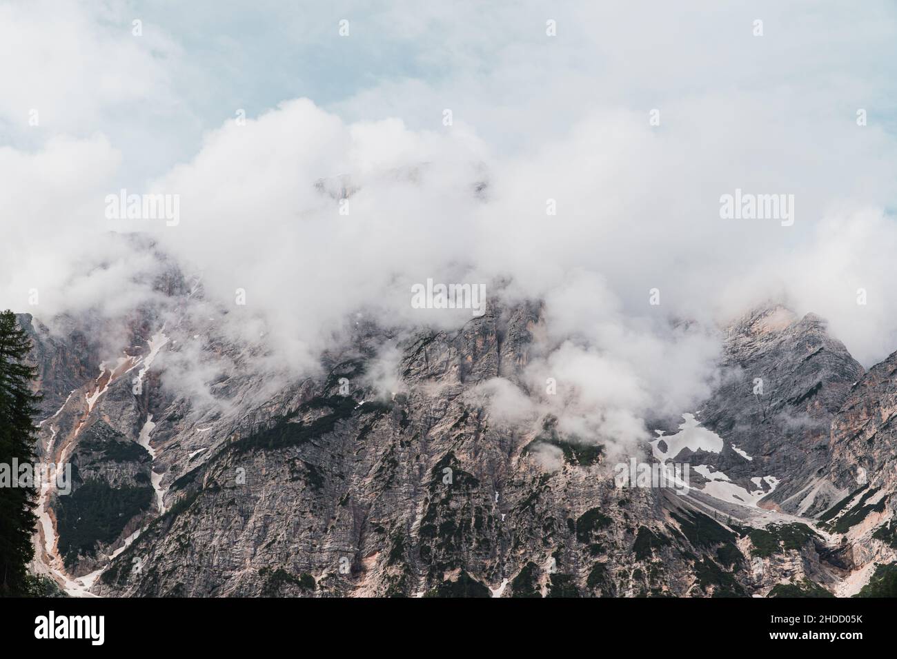 Misty landscape with fir forest, lake and mountain in hipster vintage retro style. Dolomity italy Stock Photo