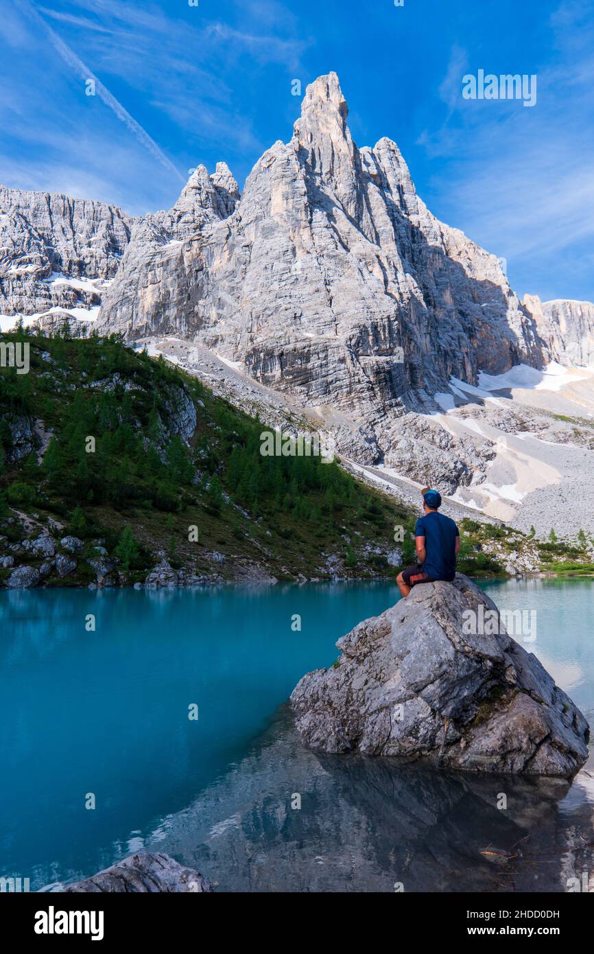 Lake Sorapis Italian Dolomites, Morning with clear sky on Lago di Sorapis in Italian Dolomites, lake with unique turquoise color water in Belluno prov Stock Photo