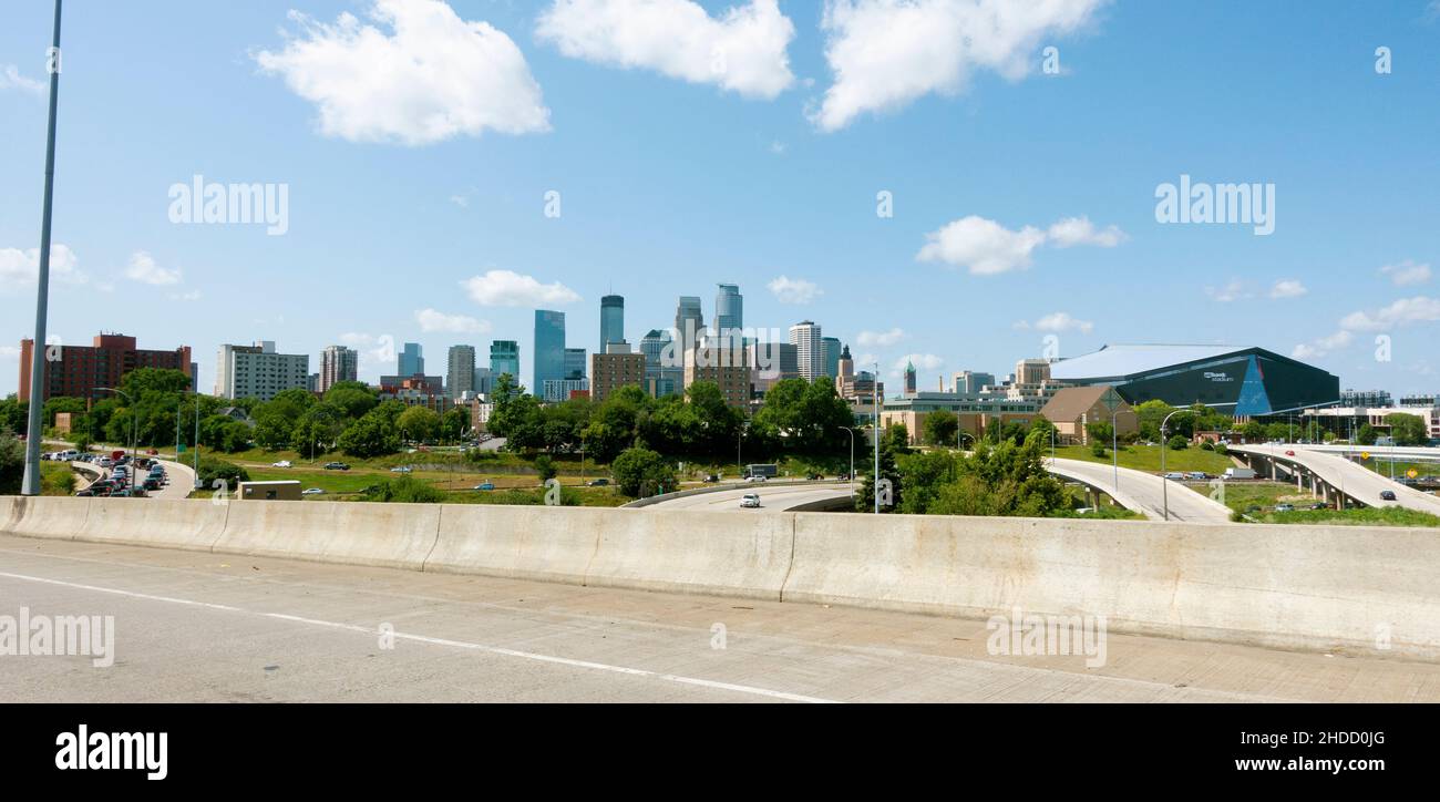 Downtown Minneapolis skyline with The Vikings US Bank Football Stadium to the right. Minneapolis Minnesota MN USA Stock Photo