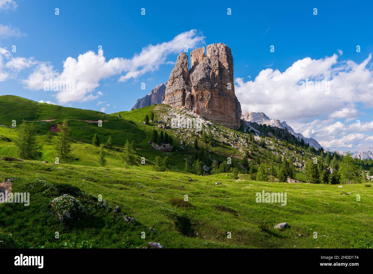 Beautiful alpine countryside. Awesome Alpine landscape with traditional huts. Amazing Nature Scenery of Dolomites Alps. Epic Scene in the mountains pl Stock Photo