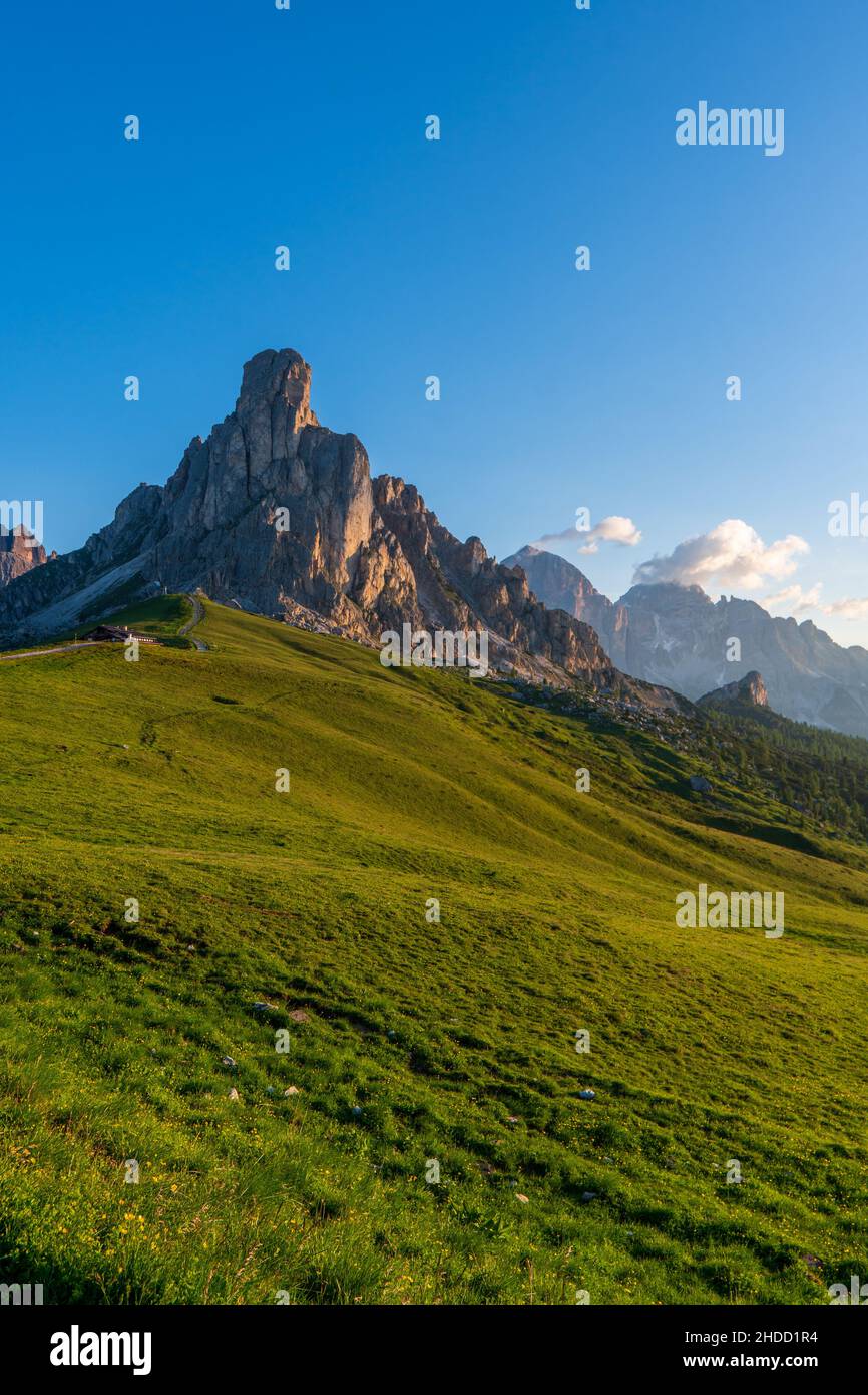 Scenic image of mountains during sunset. Amazing nature scenery of Dolomites Alps. Passo Giau popular travel destination in Dolomites. travel, adventu Stock Photo